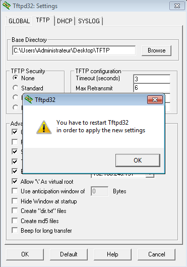 Finalisation de la configuration du logiciel TFTPD32