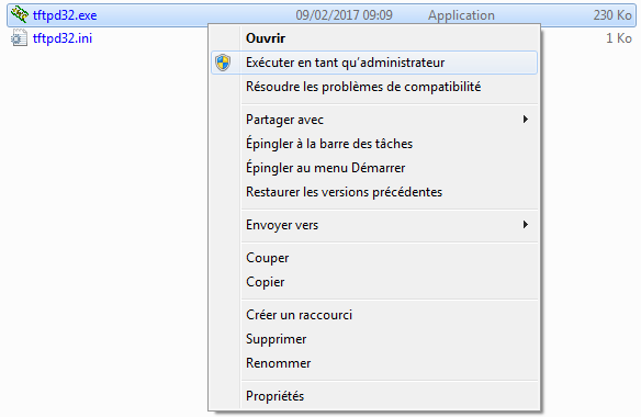 Ouverture du logiciel TFTPD32 en tant qu'administrateur