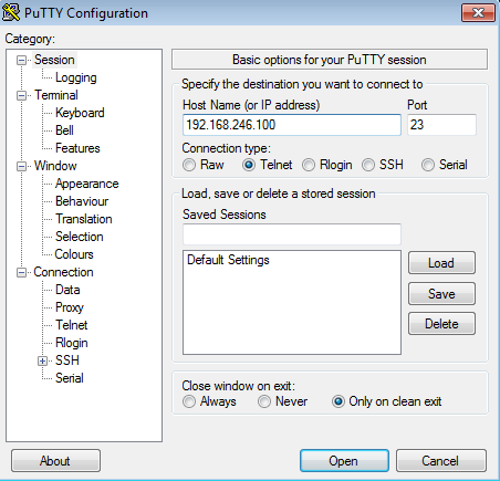 Connexion telnet avec PuTTY