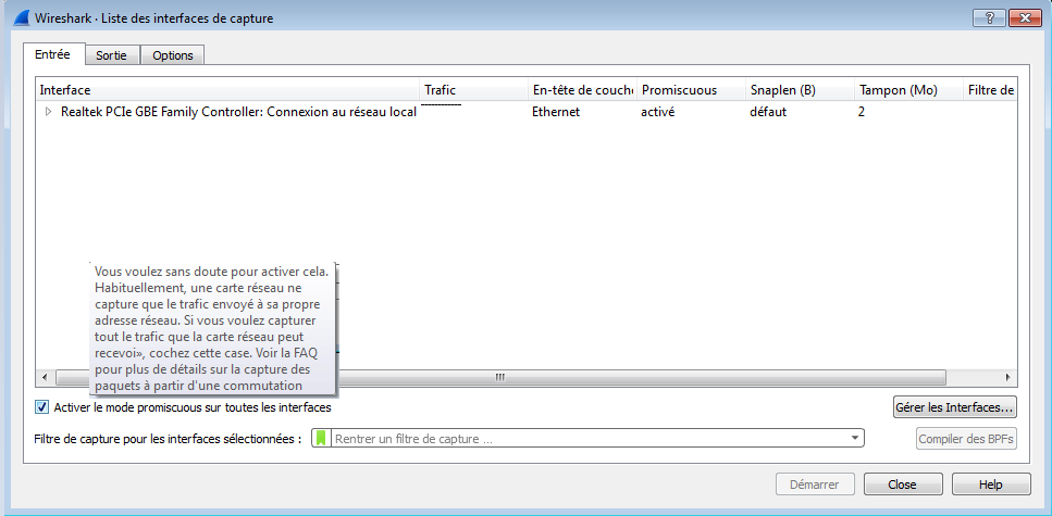 Activation du mode promiscuous pour la capture avec Wireshark