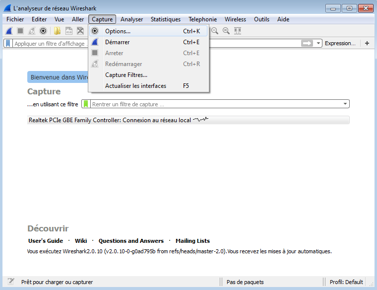 Chemin à suivre pour aller dans les options de capture Wireshark
